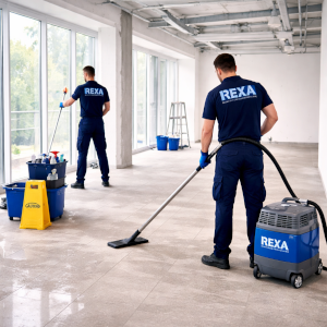 Mitarbeiter bei der Bodenreinigung während der Bauendreinigung