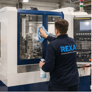 Eine Reinigungsfachkraft des Unternehmens Rexa GmbH bei der Industriereinigung